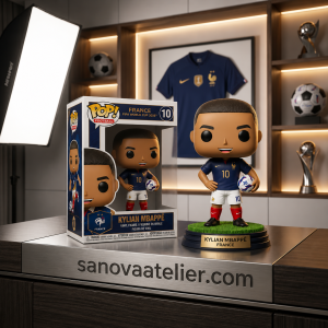 France Mbappe 2026 World Cup Collectible Toy - Soccer Gift 7 Cute Kylian Mbappe vinyl figure displayed on a sports memorabilia shelf