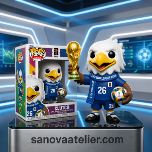 Close-up of the miniature gold trophy on World Cup 2026 mascot Clutch eagle pop doll