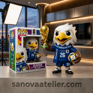 Official FIFA World Cup 2026 mascot Clutch the Eagle vinyl figure holding trophy