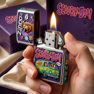 Zippo Scooby-Doo Mystery Machine 3D Embossed Lighter 8 Open genuine Zippo cartoon lighter showing the windproof chimney insert and flame