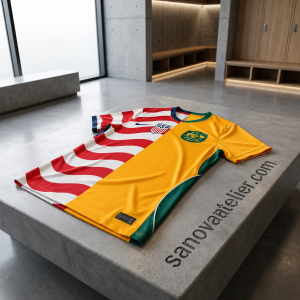 USA and Australia Half and Half Soccer Jersey FIFA World Cup 2026 Commemorative Fan Shirt in Modern Locker Room Setting