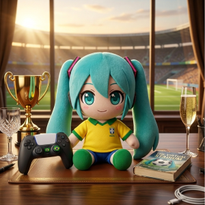 Hatsune Miku Brazil World Cup 2026 Commemorative Anime Plush Toy 13 Hatsune Miku Brazil soccer plushie displayed on a gaming desk next to a football jersey