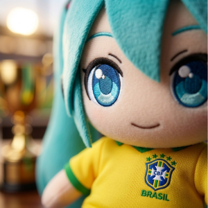 Hatsune Miku Brazil World Cup 2026 Commemorative Anime Plush Toy 12 Close up details of the premium embroidery on the Hatsune Miku Brazil World Cup plush toy