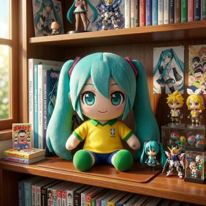 Hatsune Miku Brazil World Cup 2026 Commemorative Anime Plush Toy 10 Hatsune Miku Brazil soccer plushie displayed on a gaming desk next to a football jersey2