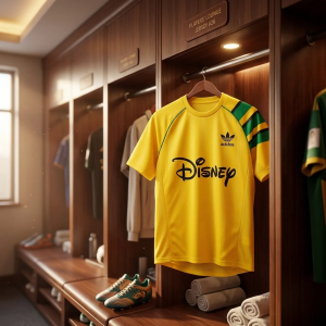 adidas x Brain Dead x Disney World Cup 2026 Retro Soccer Jersey - Yellow & Green 8 Close up of the flock printed Mickey Mouse graphics and Disney chest crest on the yellow soccer jersey